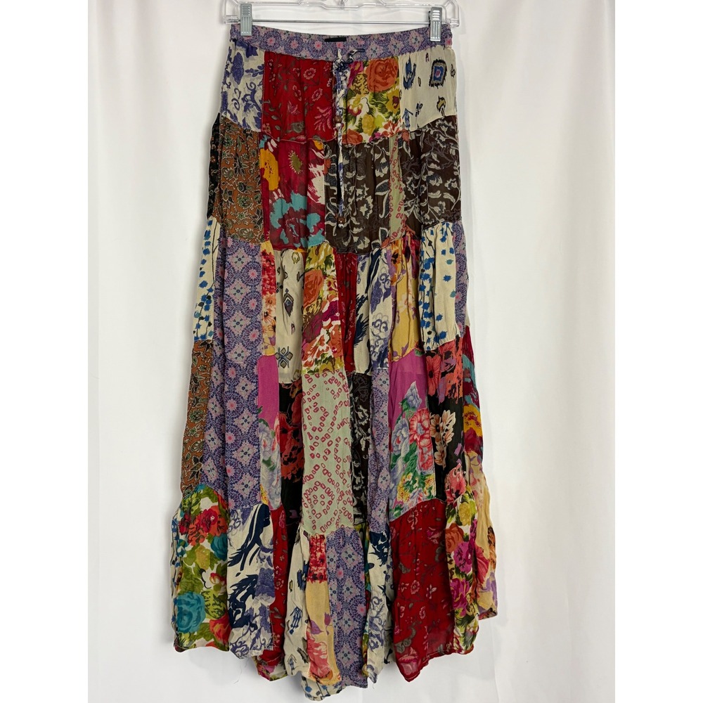 Young Threads Patchwork Floral Maxi Skirt Small Boho Tiered Cottage Festival